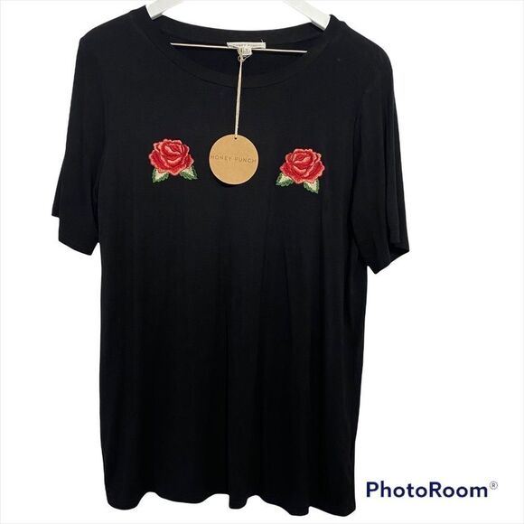 Honey Punch Tee Womens Medium Rose Patches Short Sleeve T-Shirt Top - Picture 3 of 7